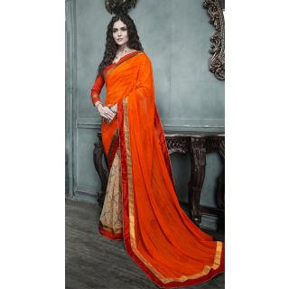 Magnum Opus Store Orange & Beige Color Georgette Saree.