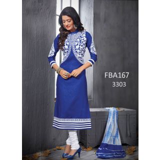 New Latest Fancy Designer Blue & White Embroidery Straight Cut Suits-Free Size