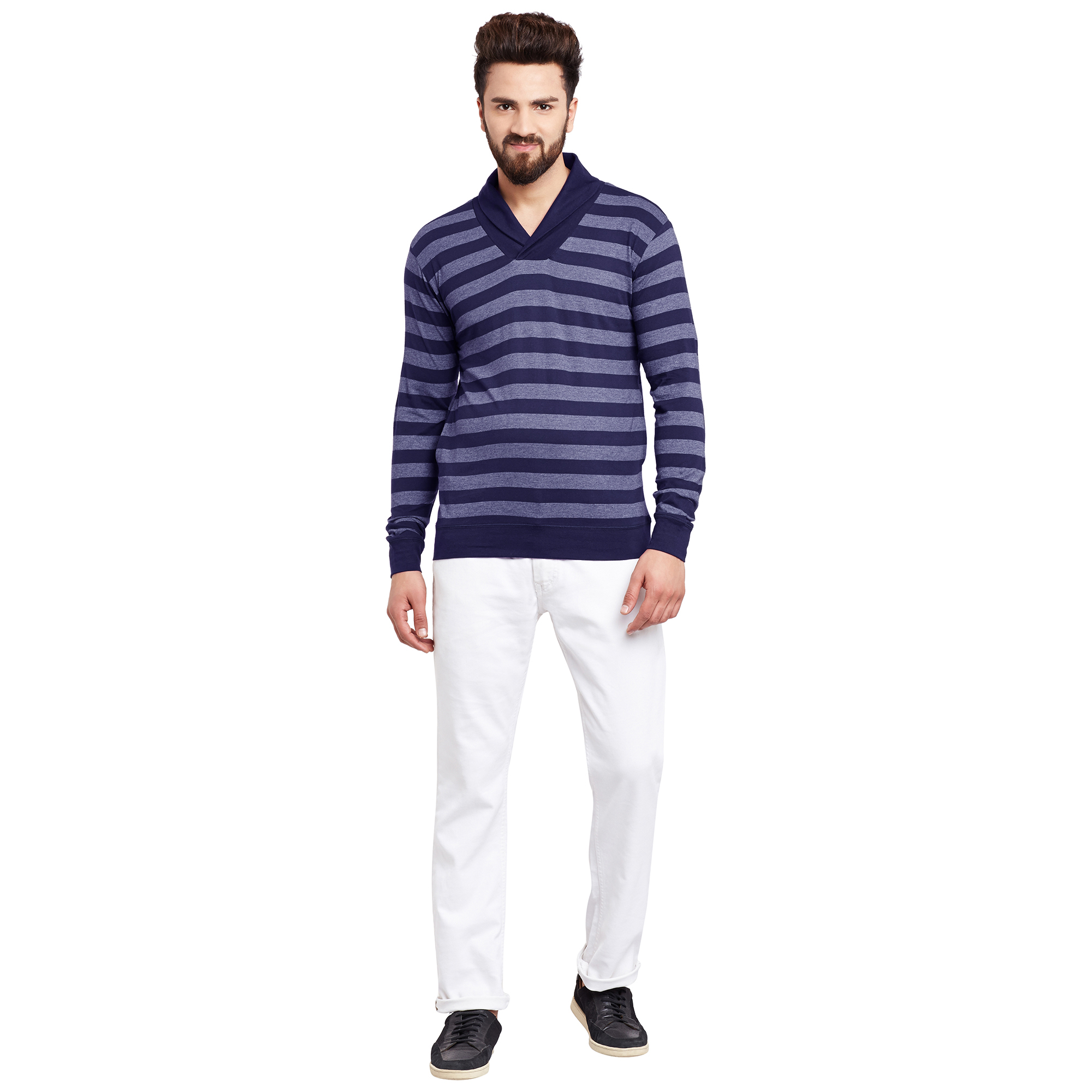 Buy Hypernation Blue And Grey Striped Body With Blue Shawl Collar T