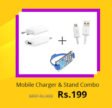  Combo of USB Wall Charger V8 Micro USB Data Cable Ok Stand - Assorted Color 