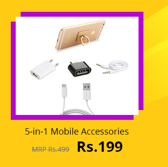  5 in 1 combo of USB Charger, Data cable, Aux Cable, OTG Adopter and Ring mobile holder (Assorted Colors) 