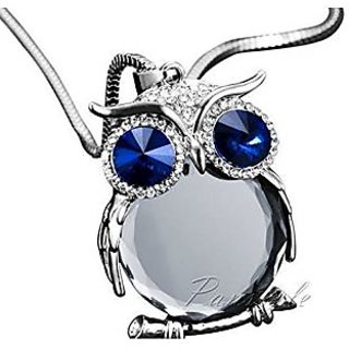 GirlZ! Crystal Rhinestone Owl Long Pendant With Chain - Blue