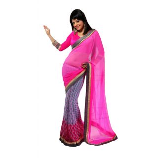 FabPandora Women's Pink,grey Georgette Saree With Blouse Piece