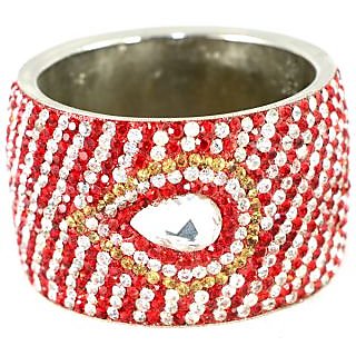 Broad Kada With A Big Single Drop Shaped Stone Set In Silver Color Metal (K9RJ0101MSRE2.6)