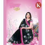 Khazana Black And Pink Chiffon Saree With Unstitched Blouse