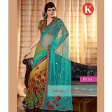 Khazana Light Green And Sky Blue Net Saree With Unstitched Blouse
