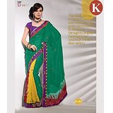 Khazana Green And Yellow Viscos Saree With Unstitched Blouse
