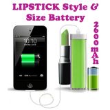Lipstick Design 2600 MaH Portable Power Bank External Battery Charger Green for Samsung, Apple iPhone, Blackberry, Sony, Samsung, HTC, Nokia, Micromax, LG, Karbonn, Intex, Lava, Philips & other USB Powered Phone's or Devices