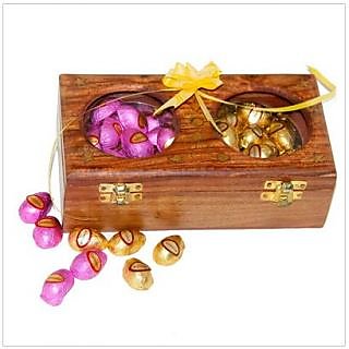 Almonds And Cashewnut In Milk Chocolate With A Wooden Box