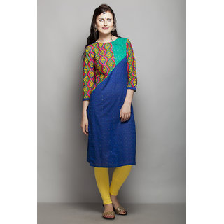 AAIRA 34 SLEEVES KURTI WITH PRINTED SLEEVES AND YOKE WITH CONTRAST DOBBY AND PI available at ShopClues for Rs.980