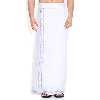 Fashionkiosks Mens Traditional 1 Inch Silver Border with Embroiding Dhoti NakulanSilverEmbroider285