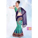 Royal Blue And Red One Minute Saree With Embroidery Work Lace Border Clone