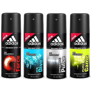 Adidas Deodorants Team Force Ice dive Pure Game and Dynamic Pulse 150 ML Each (Set of 4) For Men