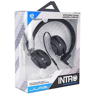 JLab Intro Stereo Headphones with Inline Microphone Track Controls Tangle-Free Flat Cable(Black)