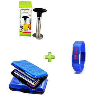 Stainless Steel Pineapple Cutter And Blue Aluma Wallet With Free LED Jelly Slim Digital Trendy Watch
