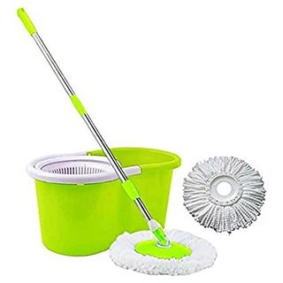 Easy Go 360 Spin Mop Rotating Steel Pole Plastic Bucket with 2 Microfiber Heads (Random Color)