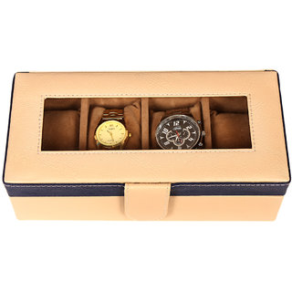Leather World Beige High Quality PU Leatherite Watch Box Case for 4 Watches (Transparent Lid)