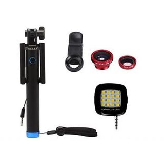 Combo of Locust Aux Selfie Stick + 3 In 1 Clip Mobile Camera Lens Kit + LED Selfie Night Flash Light