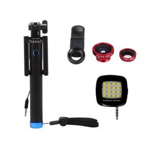 Combo of Locust Aux Selfie Stick + 3 In 1 Clip Mobile Camera Lens Kit + LED Selfie Night Flash Light