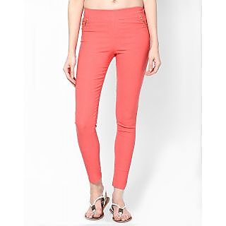 Peach colored jeggings Frankie B Peach My BFF Jegging rocks out some pastel style. These jeggings will feel like leggings, but hey, they re pants, so they ve got front and back pockets and a zip fly. Super flattering shape that you can still move around in because they re not stiff.