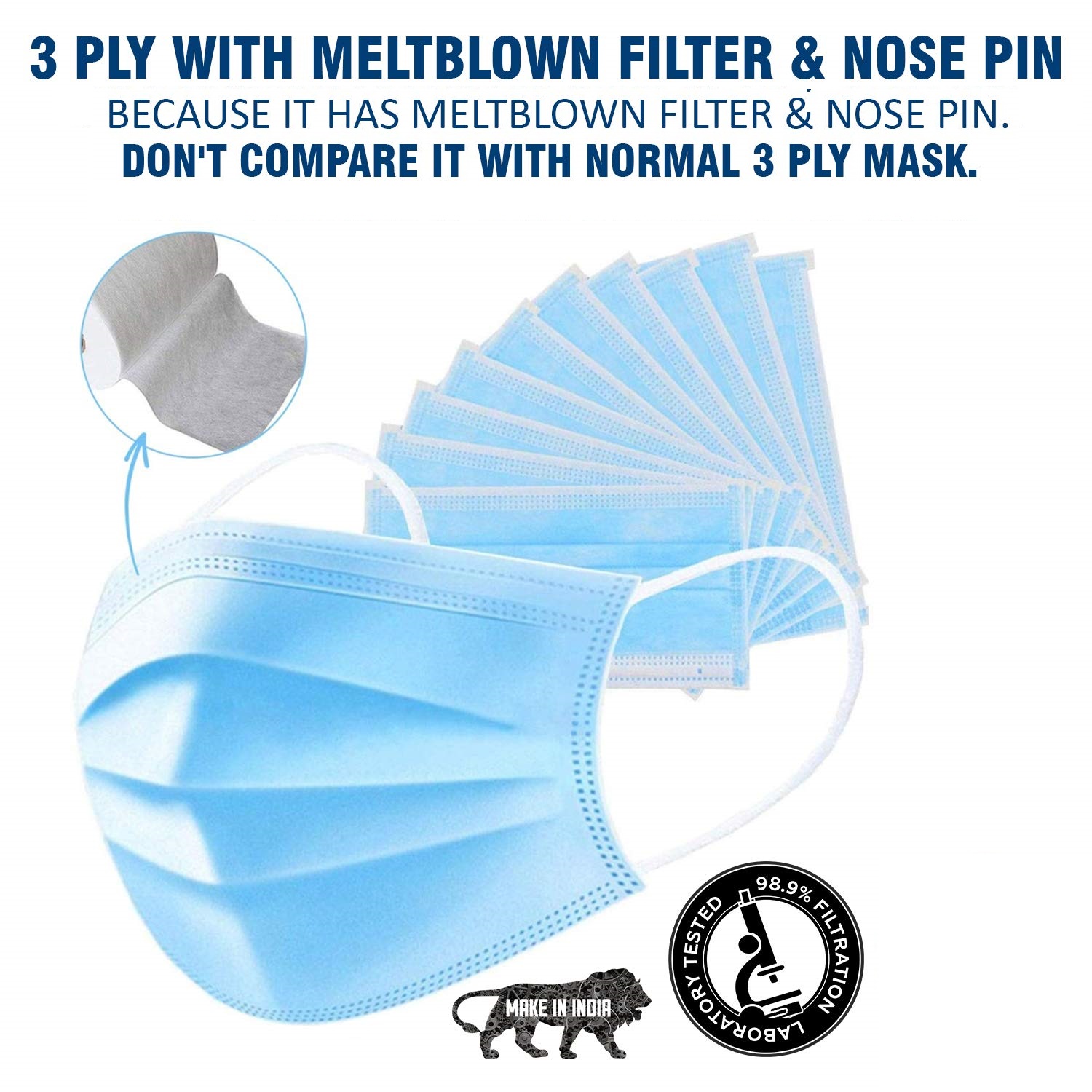 Buy 3 Ply Meltblown Filter Non Woven Disposable Surgical Face Mask With