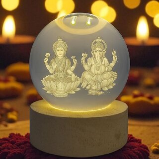 Lakshmi Ganesh 3D Crystal Ball LED Lamp with Wooden Base for Home Diwali Decor