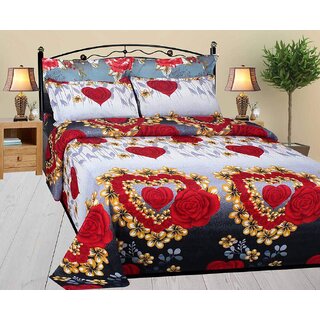 K Decor Multicolor Polycotton 3D Heart Print Double Bedsheet with 2 Pillow Covers