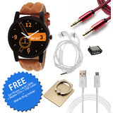 Wake Wood Black Dial Watch For Men with Free Ear Phone + AUX Cable + Mobile OTG + USB Cable + Mobile Ring Holder Wake Wo
