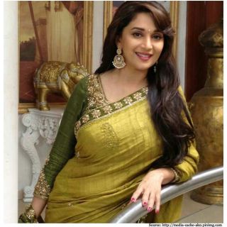 Bollywood Sarees: Madhuri Dixit In Yellow Green Designer Saree - 74936430