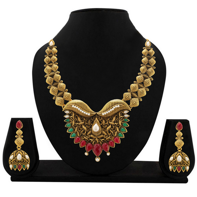 Zaveri Pearls Redgreen Alloy Gold Plated Necklace Set For Women