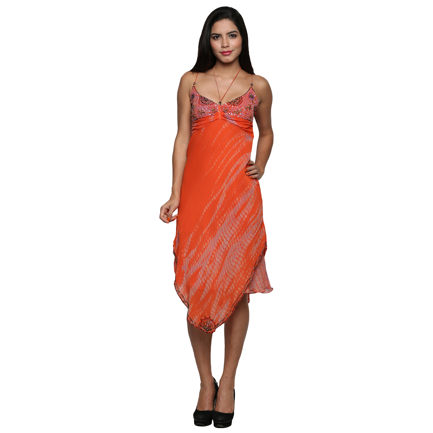 The Cleavage Orange Polyester Round Neck Sleeveless Causal Dress for Women