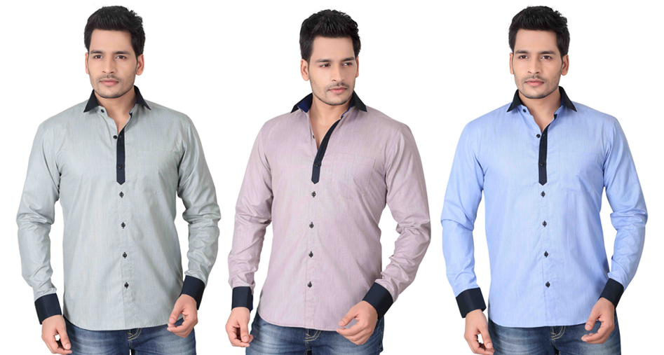 Multicolor Plain Full Sleeves Partywear Shirt For Men (Pack Of 3)