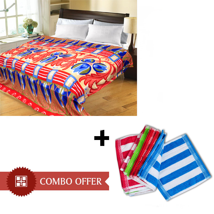 Cotton Multicolor Combo Of Double Bed Ac Blanket With 10 Face Towels