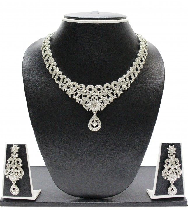 Zaveri Pearls Silver Alloy Silver Plated Necklace Set For Women