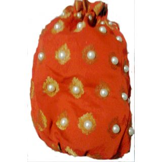 Red chanderi Bag with white pearl