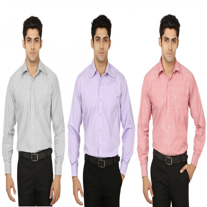 Buy Pack of 3 Mafatlal Shirts Grey Stripes,Mauve Plain,Red Stripes ...