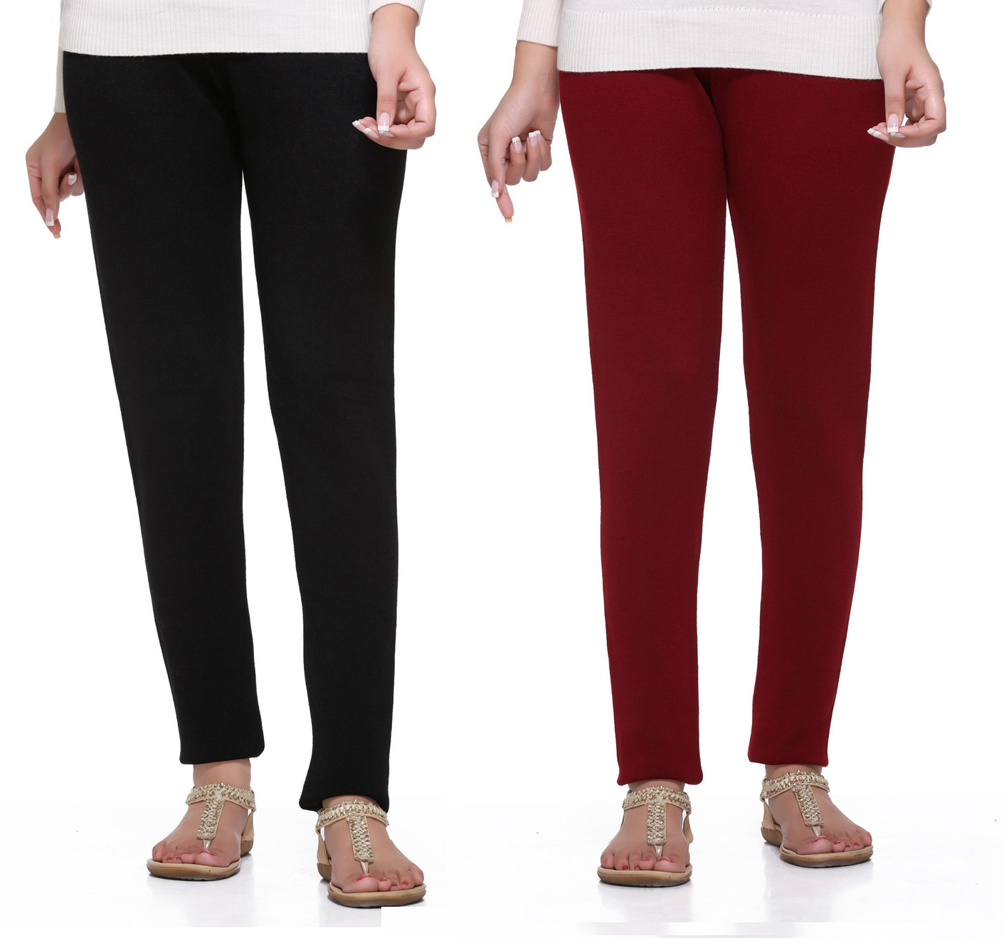 Red & Dark Fawn Solid Woollen Leggings (Pack of 2)