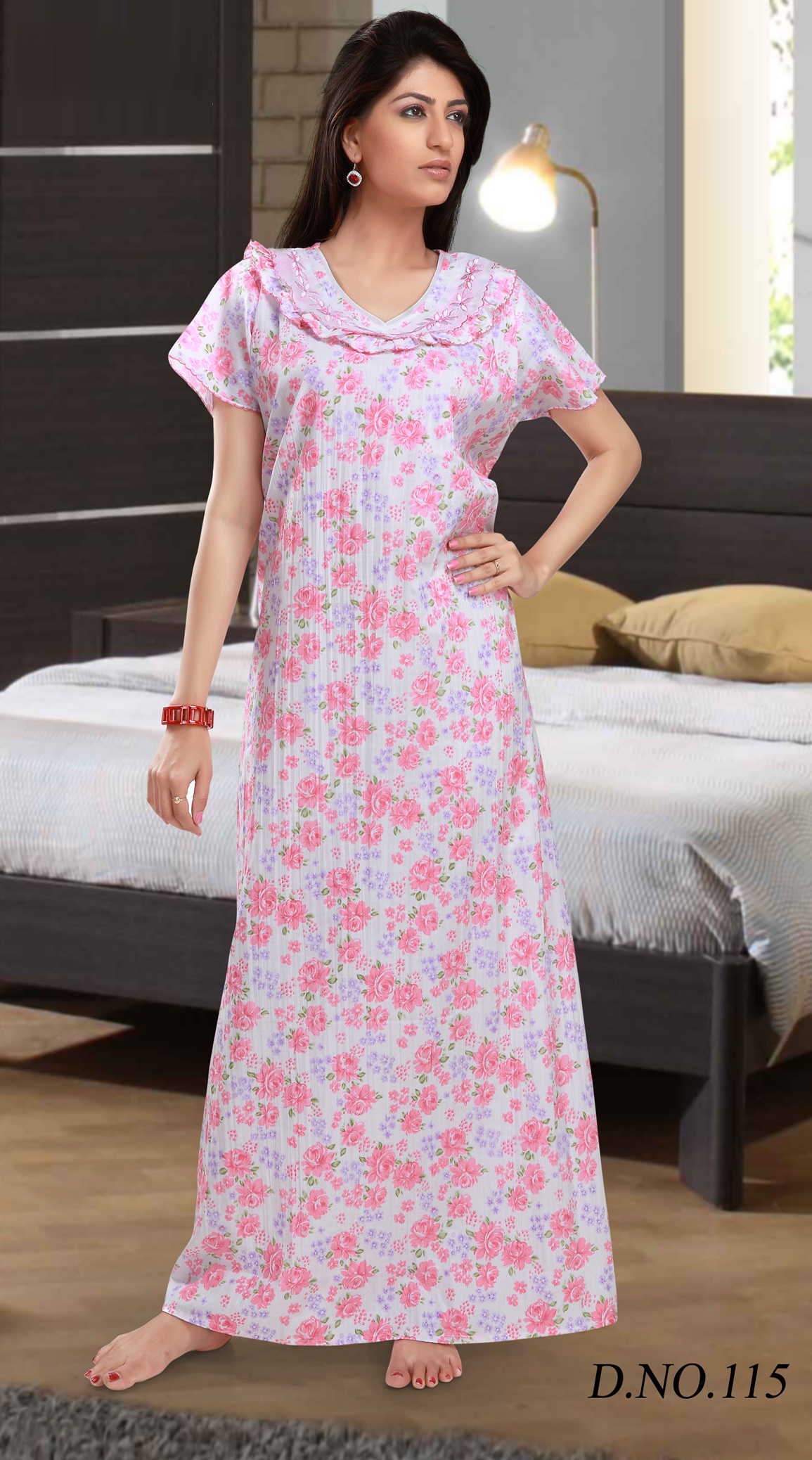 Womens Cotton Nighty 1 Printed White Daily Night Gown Slip Lounge Bed 