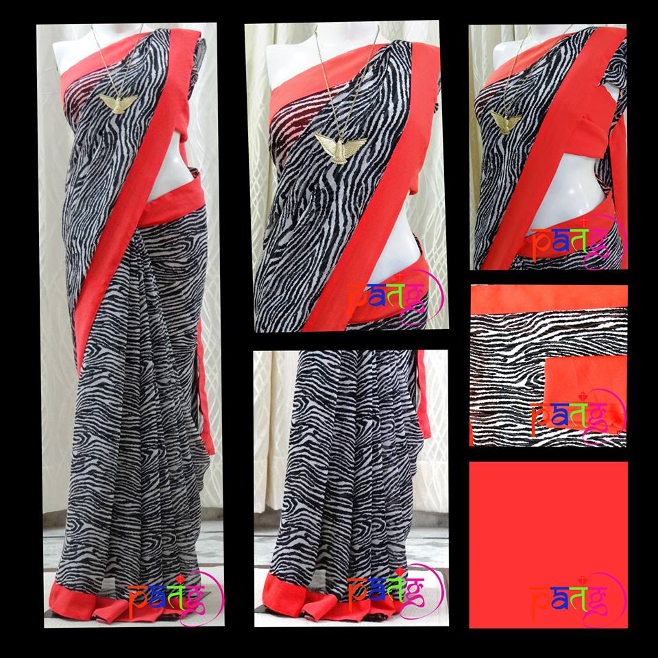 Black and Coral Animal Print Sari