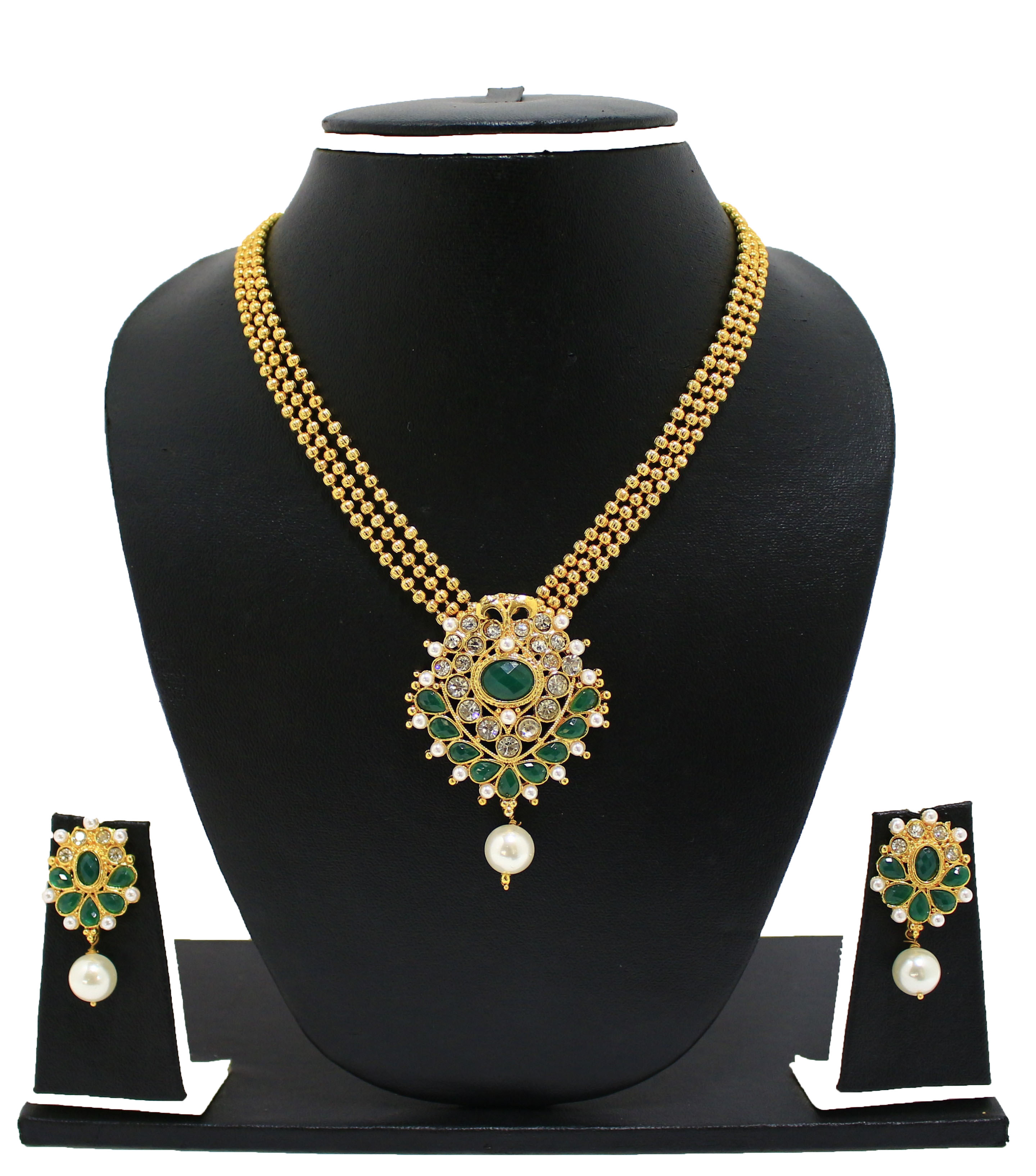 Buy Zaveri Pearls Non Plated Gold And Green Alloy Necklace Set For Women