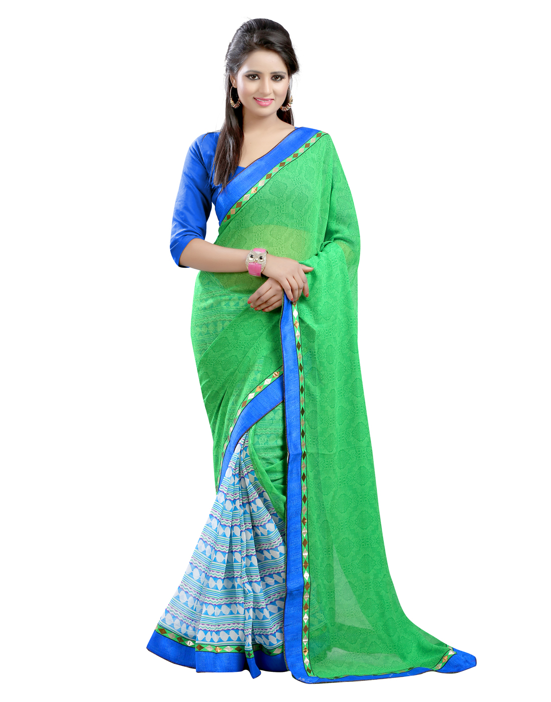 Buy Lookslady Green And Blue Georgette Printed Saree With Blouse Online ₹1449 From Shopclues