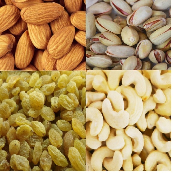 almonds, cashew, raisins, pista