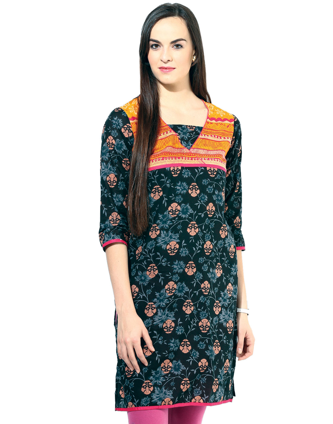 Buy Jaipur Kurtis Pure Cotton Printed 3/4th Sleeves Black Kurti Online ...