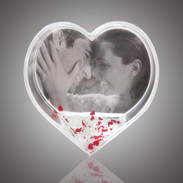 Unique Heart Shaped Snow Globe With Red Heart Glitter Photo Frame