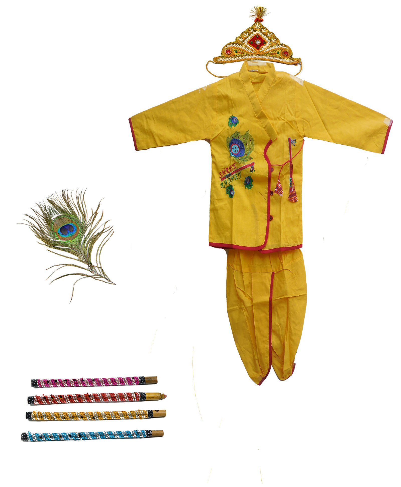 Buy Indo Yellow Cotton Krishna Dress Set With Crown