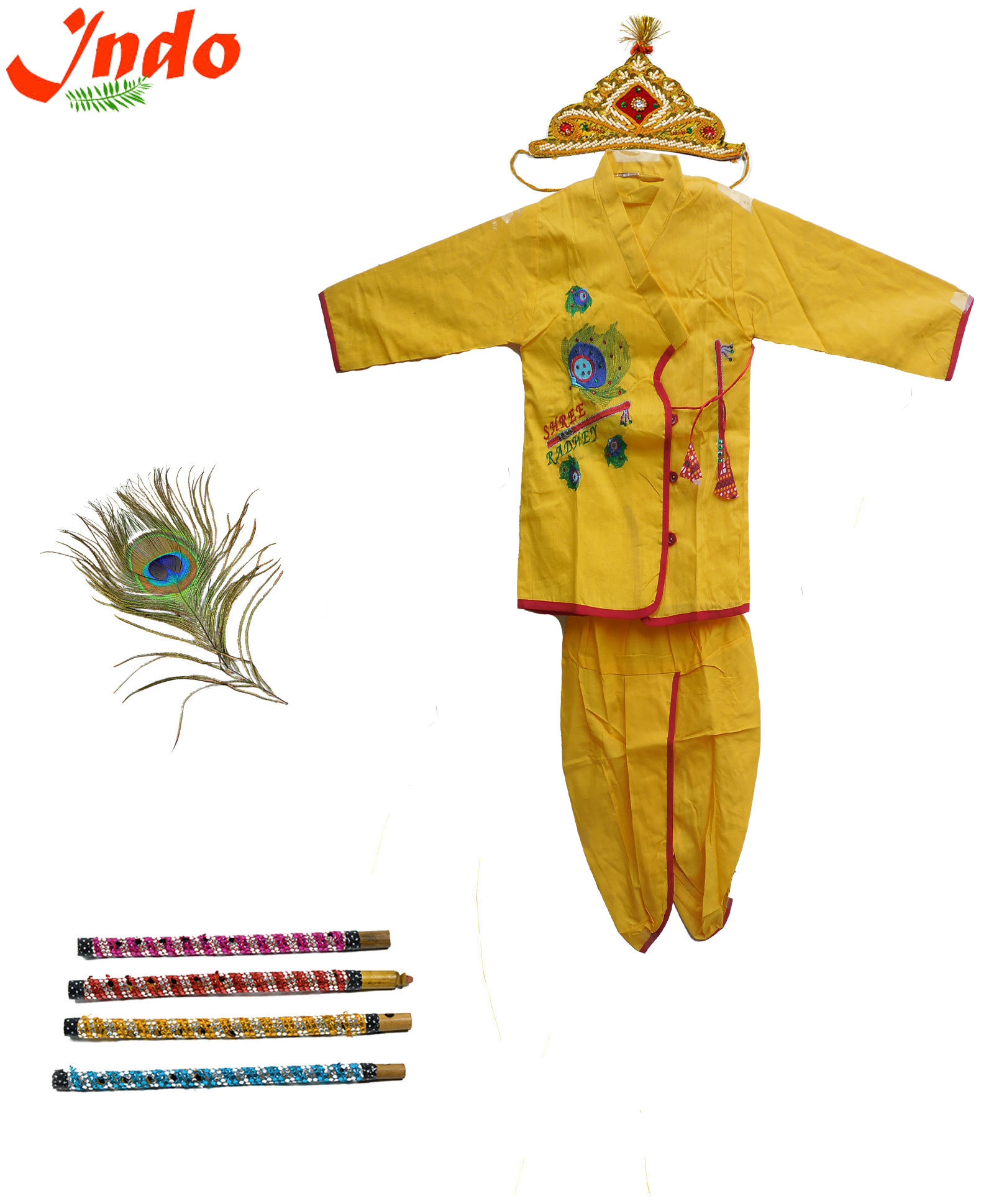 Buy Indo Yellow Cotton Krishna Dress Set With Crown Peacock Feather ...