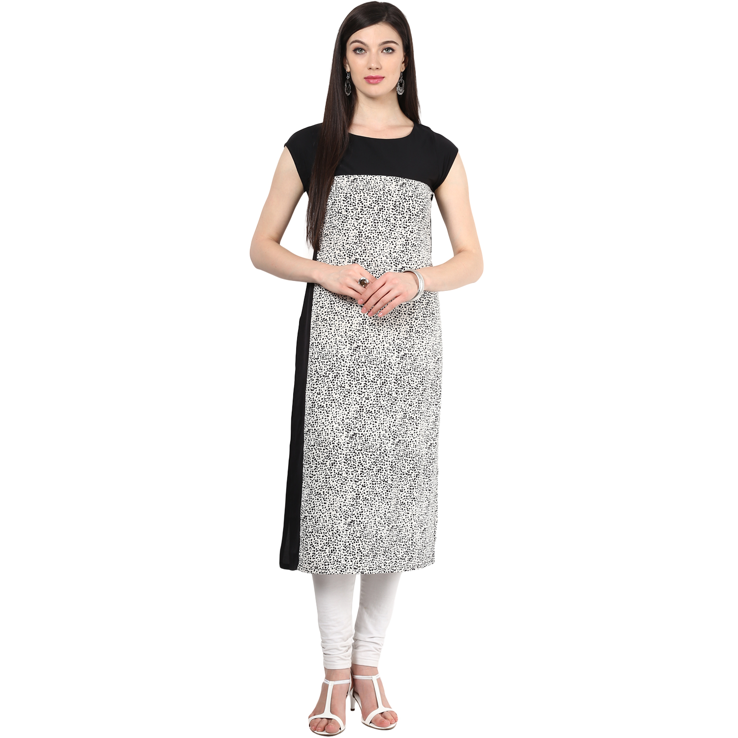 Buy IVES Regular Fit Black Cap Sleeve Printed Crepe Kurtas for women ...