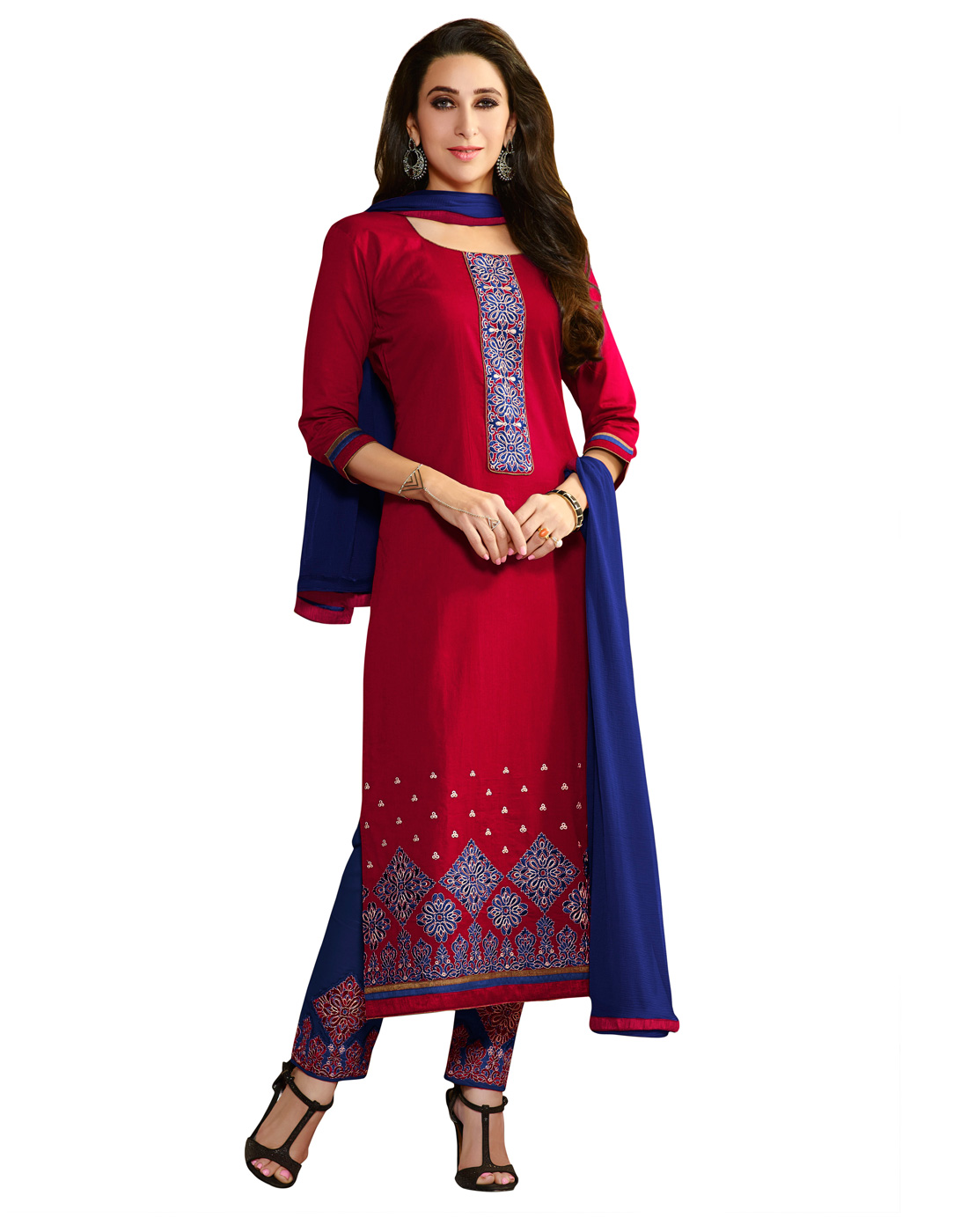 Buy The Four Hundred Red Blue Cotton Embroidered UnStitched Dress ...