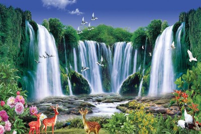 Buy Waterfall Birds Deer Landscape Canvas Painting Online @ ₹3000 from ...