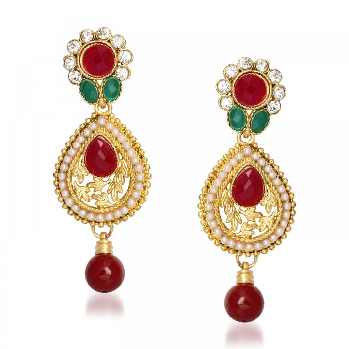 Buy Kriaa Kundan Red Green Austrian Pota Stone Gold Finish Necklace Set ...